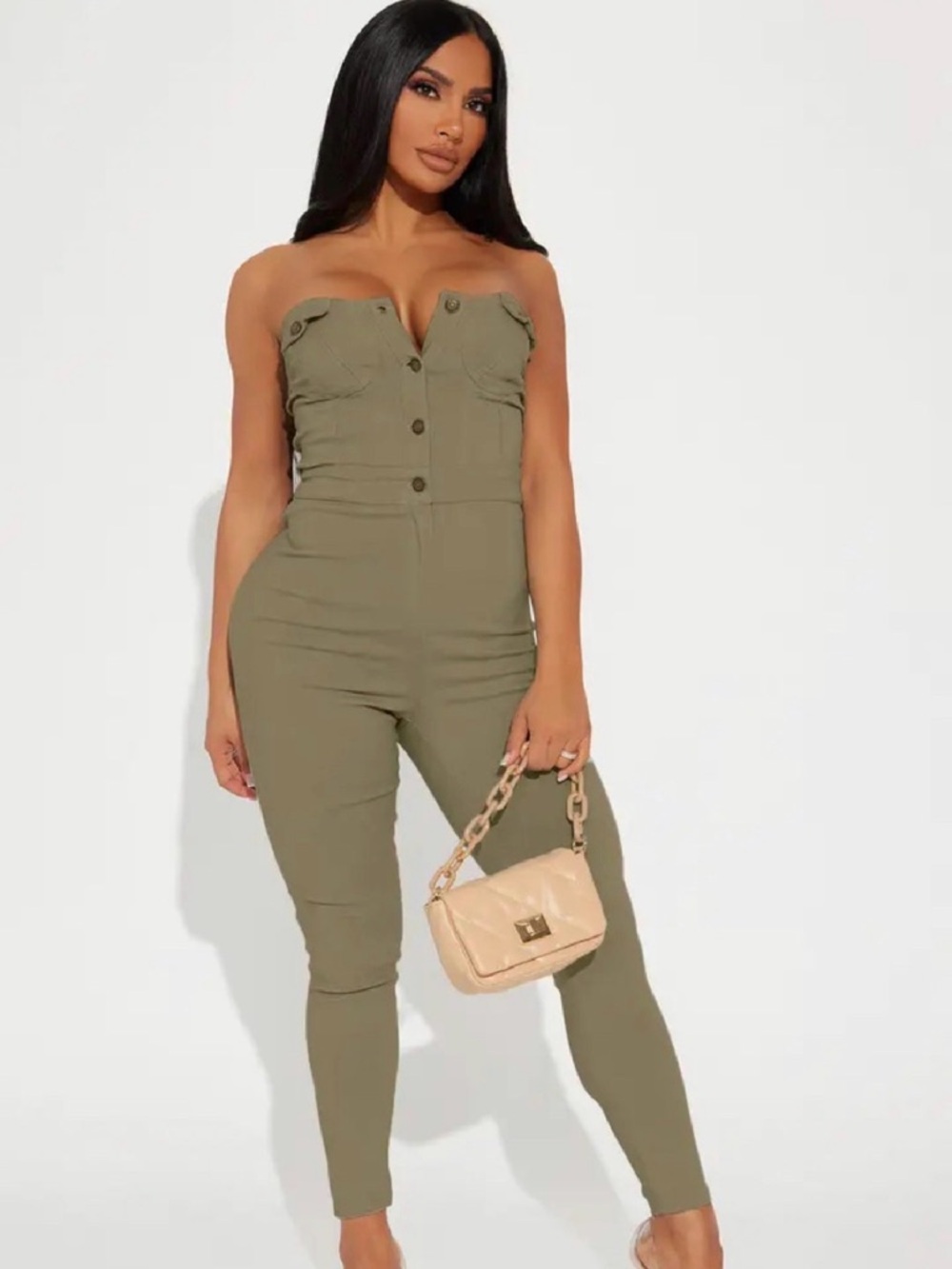 Strapless Utility Jumpsuit in Olive
